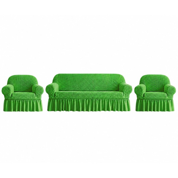 Huse Elastice pentru Canapea 3 Locuri și 2 Fotolii cu Volănașe – Set Complet Universal, Verde Iarbă, HCVF-019