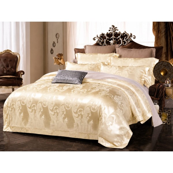 Set Lenjerie de Pat Dublu 6 Piese Satin Jacquard Crem Șampanie – Model Elegant Clasic Premium, LDJ-052 Set Lenjerie de Pat Dublu 6 Piese Satin Jacquard Crem Șampanie – Model Elegant Clasic Premium, LDJ-052