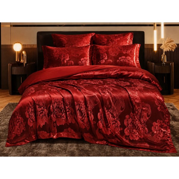 Set Lenjerie de Pat Dublu 6 Piese Satin Jacquard Bordo – Model Floral Elegant, LDJ-053 Set Lenjerie de Pat Dublu 6 Piese Satin Jacquard Bordo – Model Floral Elegant, LDJ-053