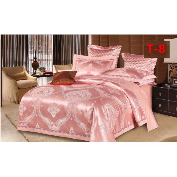 Set Lenjerie de Pat Dublu 6 Piese Satin Jacquard Roz Pudrat – Premium Luxury, LDJ-057 Set Lenjerie de Pat Dublu 6 Piese Satin Jacquard Roz Pudrat – Premium Luxury, LDJ-057