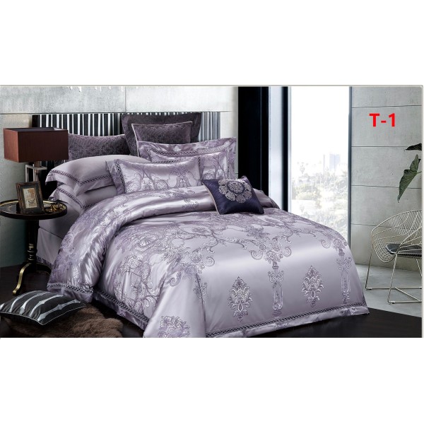 Set Lenjerie de Pat Dublu 6 Piese Satin Jacquard Mov Lila – Premium Luxury, LDJ-058 Set Lenjerie de Pat Dublu 6 Piese Satin Jacquard Mov Lila – Premium Luxury, LDJ-058