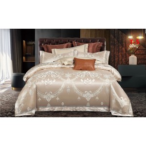 Set Lenjerie de Pat Dublu 6 Piese Satin Jacquard Bej – Premium Luxury, LDJ-061