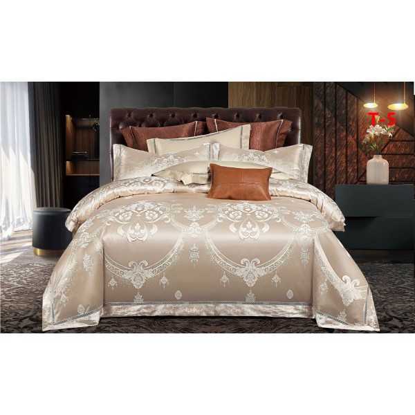 Set Lenjerie de Pat Dublu 6 Piese Satin Jacquard Bej – Premium Luxury, LDJ-061 Set Lenjerie de Pat Dublu 6 Piese Satin Jacquard Bej – Premium Luxury, LDJ-061