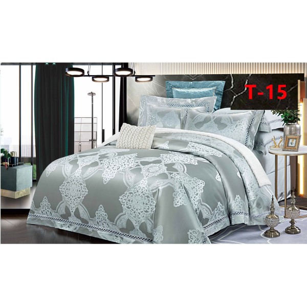 Set Lenjerie de Pat Dublu 6 Piese Satin Jacquard Turcoaz Deschis – Premium Luxury, LDJ-064 Set Lenjerie de Pat Dublu 6 Piese Satin Jacquard Turcoaz Deschis – Premium Luxury, LDJ-064