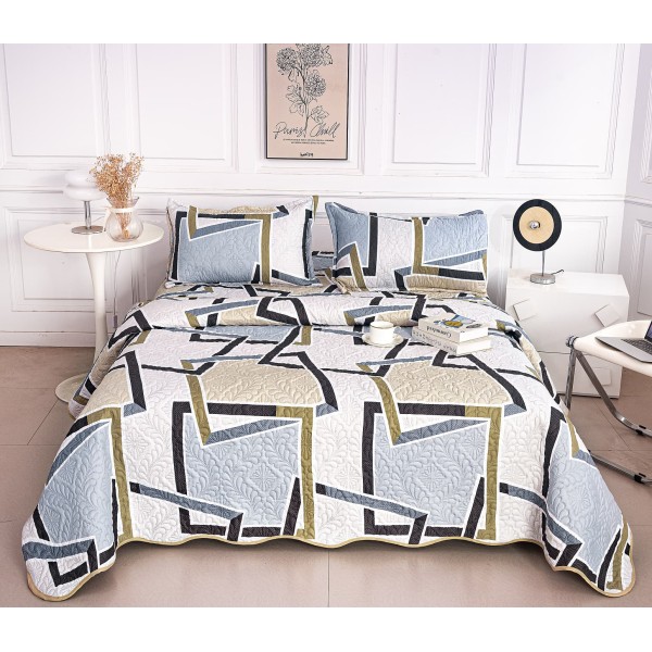 Cuvertură Pat Dublu din Bumbac Satinat 3 Piese cu Model Geometric Modern Gri-Albastru, CBS-066 Cuvertură Pat Dublu din Bumbac Satinat 3 Piese cu Model Geometric Modern Gri-Albastru, CBS-066