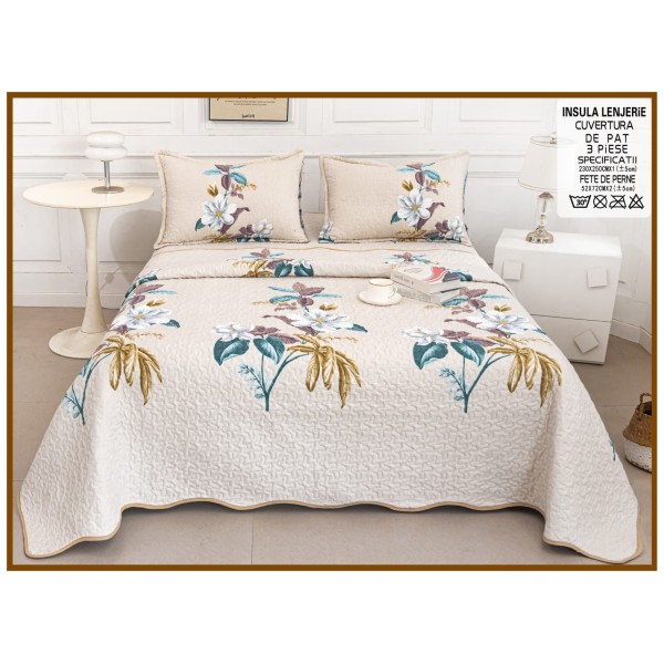 Cuvertură Pat Dublu din Bumbac Satinat 3 Piese Crem cu Flori Elegante, CBS-064 Cuvertură Pat Dublu din Bumbac Satinat 3 Piese Crem cu Flori Elegante, CBS-064