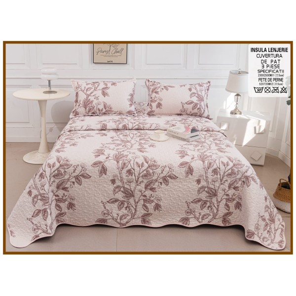 Cuvertură Pat Dublu din Bumbac Satinat 3 Piese Roz Pudrat cu Model Floral, CBS-062 Cuvertură Pat Dublu din Bumbac Satinat 3 Piese Roz Pudrat cu Model Floral, CBS-062