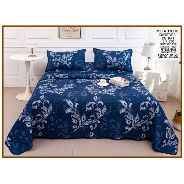 Cuvertură Pat Dublu din Bumbac Satinat 3 Piese Bleumarin cu Imprimeu Floral Elegant , CBS-060 Cuvertură Pat Dublu din Bumbac Satinat 3 Piese Bleumarin cu Imprimeu Floral Elegant , CBS-060