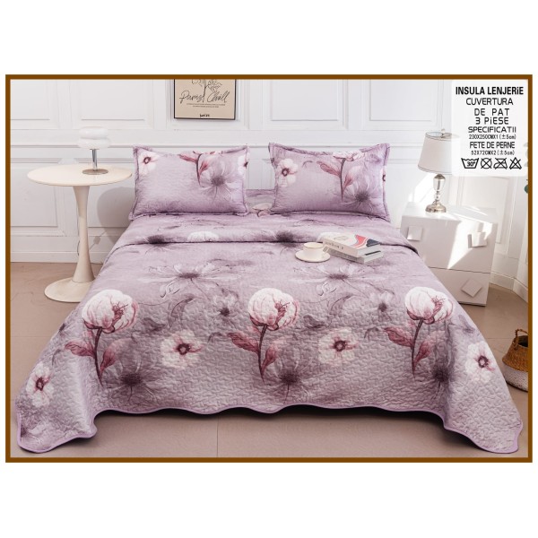 Cuvertură Pat Dublu din Bumbac Satinat Mov Floral, 3 Piese, CBS-028 Cuvertură Pat Dublu din Bumbac Satinat Mov Floral, 3 Piese, CBS-028