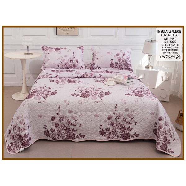 Cuvertură Pat Dublu din Bumbac Satinat Roz Pudrat cu 2 Fețe de Pernă – Model Floral , CBS-021 Cuvertură Pat Dublu din Bumbac Satinat Roz Pudrat cu 2 Fețe de Pernă – Model Floral , CBS-021