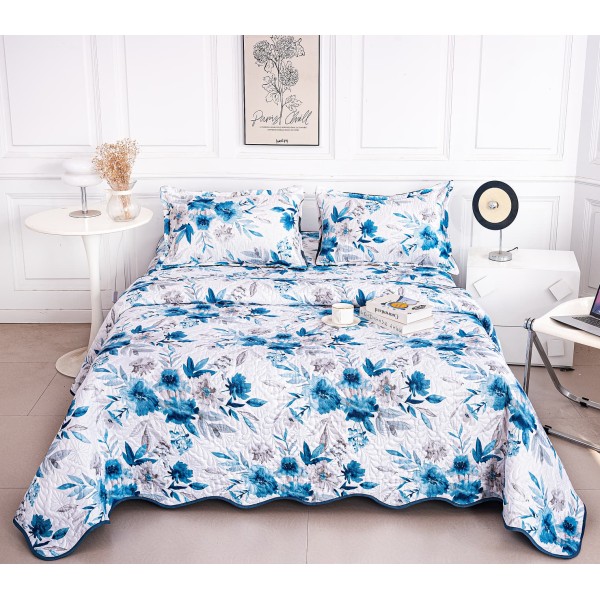 Cuvertură Pat Dublu din Bumbac Satinat Albă cu Flori Albastre și 2 Fețe de Pernă – Model Floral Elegant, CBS-020 Cuvertură Pat Dublu din Bumbac Satinat Albă cu Flori Albastre și 2 Fețe de Pernă – Model Floral Elegant, CBS-020