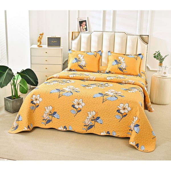 Cuvertură Pat Dublu din Bumbac Satinat cu 2 Fețe de Pernă – Model Floral Galben Muștar, CBS-017 Cuvertură Pat Dublu din Bumbac Satinat cu 2 Fețe de Pernă – Model Floral Galben Muștar, CBS-017