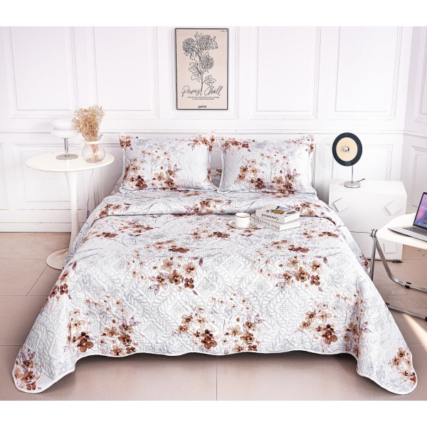 Cuvertură de Pat Dublu 3 Piese din Bumbac Satinat – Model Floral Bej Elegant, CBS-013 Cuvertură de Pat Dublu 3 Piese din Bumbac Satinat – Model Floral Bej Elegant, CBS-013