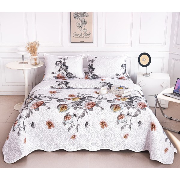 Cuvertură de Pat Dublu 3 Piese din Bumbac Satinat – Model Floral Elegant, CBS-011 Cuvertură de Pat Dublu 3 Piese din Bumbac Satinat – Model Floral Elegant, CBS-011