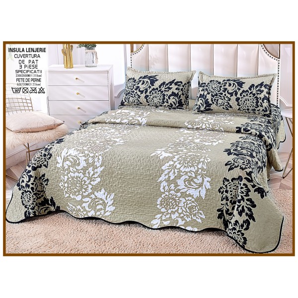 Cuvertură de Pat Dublu 3 Piese din Bumbac Satinat – Model Floral Elegant, CBS-010 Cuvertură de Pat Dublu 3 Piese din Bumbac Satinat – Model Floral Elegant, CBS-010