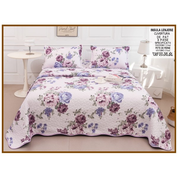 Cuvertură de Pat Dublu 3 Piese din Bumbac Satinat – Model Floral Mov, CBS-007 Cuvertură de Pat Dublu 3 Piese din Bumbac Satinat – Model Floral Mov, CBS-007