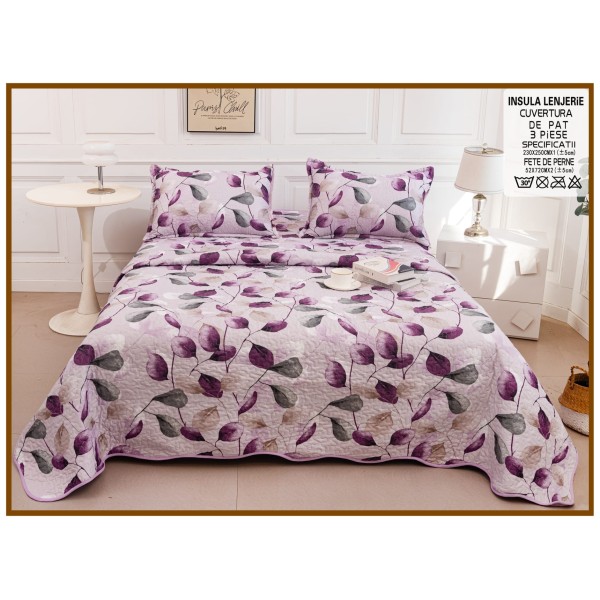 Cuvertură de Pat Dublu 3 Piese din Bumbac Satinat – Model Frunze Mov, CBS-006 Cuvertură de Pat Dublu 3 Piese din Bumbac Satinat – Model Frunze Mov, CBS-006
