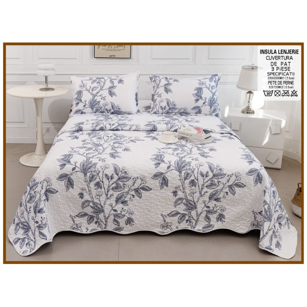 Cuvertură de Pat Dublu 3 Piese din Bumbac Satinat – Model Floral Albastru, CBS-003 Cuvertură de Pat Dublu 3 Piese din Bumbac Satinat – Model Floral Albastru, CBS-003