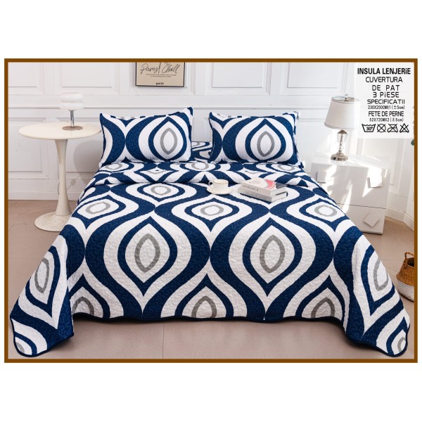Cuvertură de Pat Dublu 3 Piese din Bumbac Satinat – Model Geometric Albastru, CBS-001 Cuvertură de Pat Dublu 3 Piese din Bumbac Satinat – Model Geometric Albastru, CBS-001