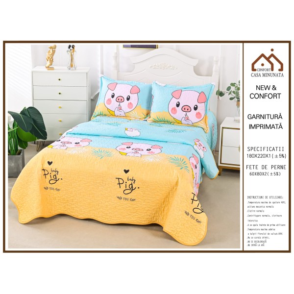 Cuvertură Pat Dublu din Bumbac Satinat cu 2 Fețe de Pernă – Model Baby Pig, CBS-004 Cuvertură Pat Dublu din Bumbac Satinat cu 2 Fețe de Pernă – Model Baby Pig, CBS-004