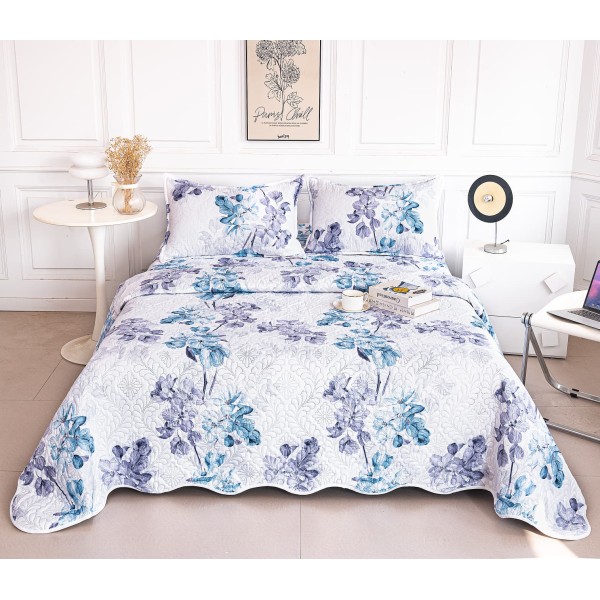 Cuvertură Pat Dublu din Bumbac Satinat cu 2 Fețe de Pernă – Model Floral Albastru, CBS-008 Cuvertură Pat Dublu din Bumbac Satinat cu 2 Fețe de Pernă – Model Floral Albastru, CBS-008