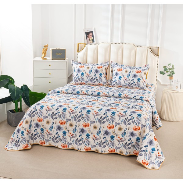 Cuvertură Pat Dublu din Bumbac Satinat cu 2 Fețe de Pernă – Model Floral Albastru & Portocaliu, CBS-012 Cuvertură Pat Dublu din Bumbac Satinat cu 2 Fețe de Pernă – Model Floral Albastru & Portocaliu, CBS-012