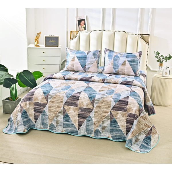 Cuvertură Pat Dublu din Bumbac Satinat cu 2 Fețe de Pernă – Model Geometric Albastru, CBS-032 Cuvertură Pat Dublu din Bumbac Satinat cu 2 Fețe de Pernă – Model Geometric Albastru, CBS-032
