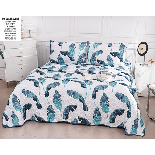 Cuvertură Pat Dublu din Bumbac Satinat cu 2 Fețe de Pernă – Model Frunze Tropicale Albastre, CBS-036 Cuvertură Pat Dublu din Bumbac Satinat cu 2 Fețe de Pernă – Model Frunze Tropicale Albastre, CBS-036