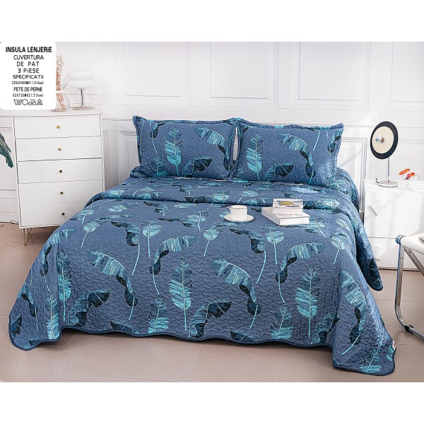 Cuvertură Pat Dublu din Bumbac Satinat cu 2 Fețe de Pernă – Model Frunze Tropicale Bleumarin, CBS-078 Cuvertură Pat Dublu din Bumbac Satinat cu 2 Fețe de Pernă – Model Frunze Tropicale Bleumarin, CBS-078