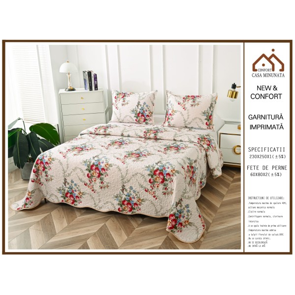 Cuvertură Pat Dublu din Bumbac Satinat cu 2 Fețe de Pernă – Model Floral Vintage, CBS-079 Cuvertură Pat Dublu din Bumbac Satinat cu 2 Fețe de Pernă – Model Floral Vintage, CBS-079