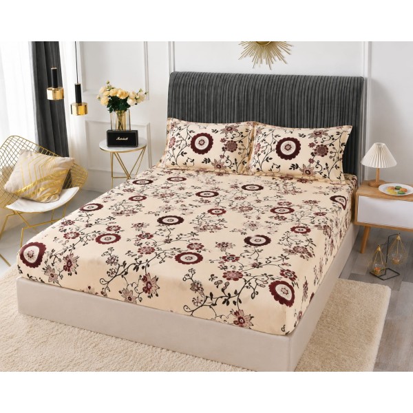 Cearșaf cu Elastic Cocolino 180x200x25 cm + 2 Fețe de Pernă 50x70 cm – Model Floral Bej cu Bordo, HC-065