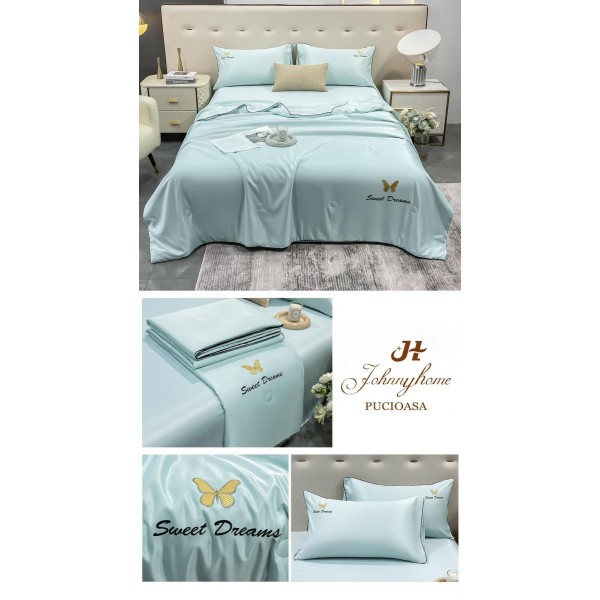 Set Lenjerie de Pat Dublu cu Pilotă de Vară, Satin Premium, 4 Piese, Bleu Deschis, LPV-004 Set Lenjerie de Pat Dublu cu Pilotă de Vară, Satin Premium, 4 Piese, Bleu Deschis, LPV-004