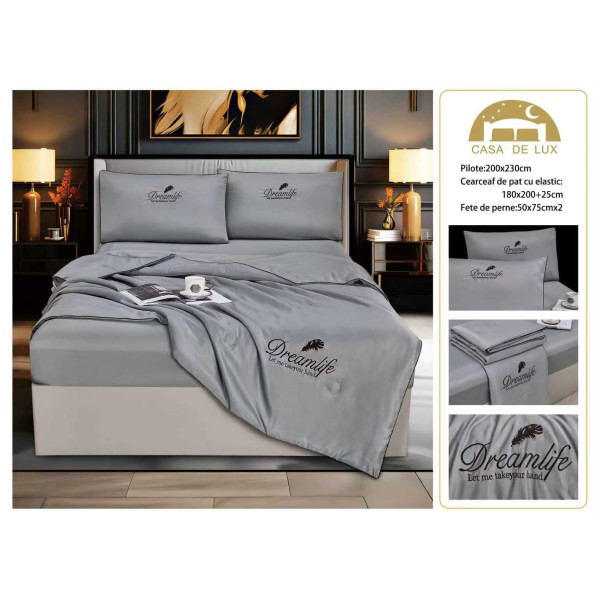 Set Lenjerie de Pat Dublu cu Pilotă de Vară și Cearșaf cu Elastic, Satin Premium, 4 Piese, Gri Deschis, LPV-006 Set Lenjerie de Pat Dublu cu Pilotă de Vară și Cearșaf cu Elastic, Satin Premium, 4 Piese, Gri Deschis, LPV-006