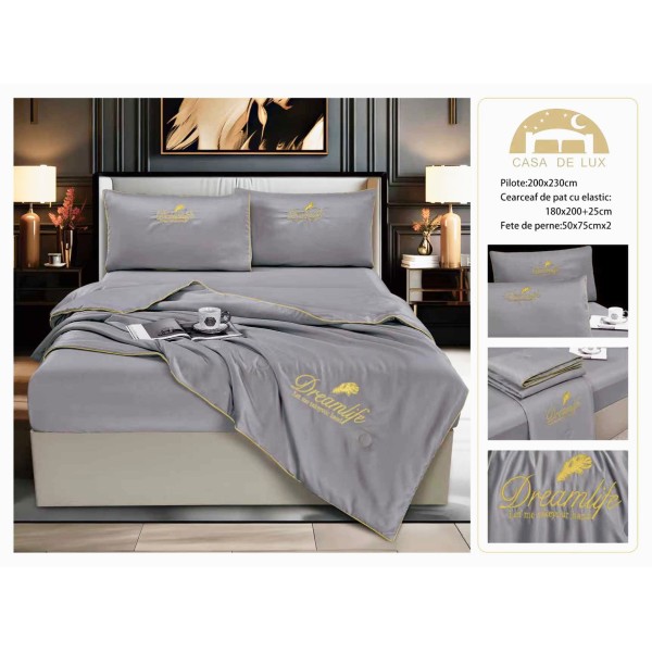 Set Lenjerie de Pat Dublu cu Pilotă de Vară și Cearșaf cu Elastic, Satin Premium, 4 Piese, Gri Perlat, LPV-007 Set Lenjerie de Pat Dublu cu Pilotă de Vară și Cearșaf cu Elastic, Satin Premium, 4 Piese, Gri Perlat, LPV-007