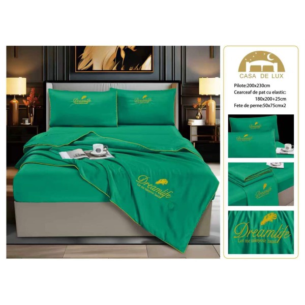 Set Lenjerie de Pat Dublu cu Pilotă de Vară și Cearșaf cu Elastic, Satin Premium, 4 Piese, Verde Smarald, LPV-008 Set Lenjerie de Pat Dublu cu Pilotă de Vară și Cearșaf cu Elastic, Satin Premium, 4 Piese, Verde Smarald, LPV-008