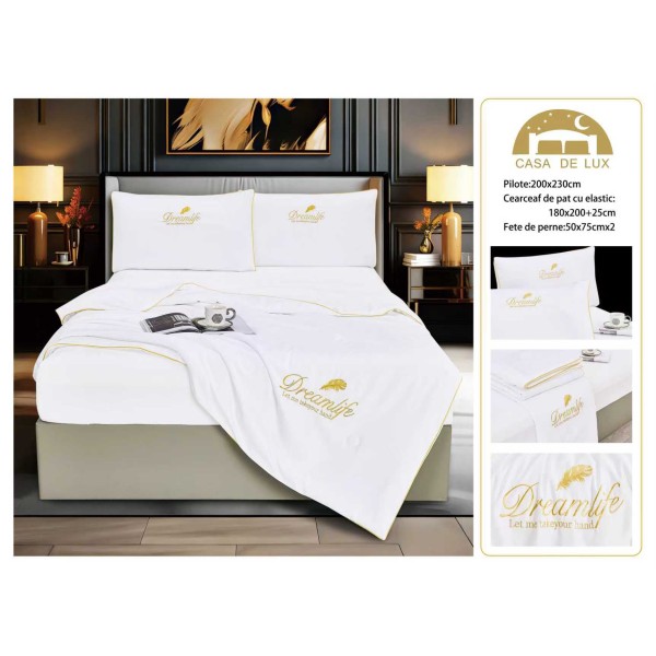 Set Lenjerie de Pat Dublu cu Pilotă de Vară și Cearșaf cu Elastic, Satin Premium, 4 Piese, Alb, LPV-010 Set Lenjerie de Pat Dublu cu Pilotă de Vară și Cearșaf cu Elastic, Satin Premium, 4 Piese, Alb, LPV-010