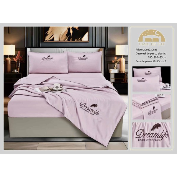 Set Lenjerie de Pat Dublu cu Pilotă de Vară și Cearșaf cu Elastic, Satin Premium, 4 Piese, Lila, LPV-011 Set Lenjerie de Pat Dublu cu Pilotă de Vară și Cearșaf cu Elastic, Satin Premium, 4 Piese, Lila, LPV-011