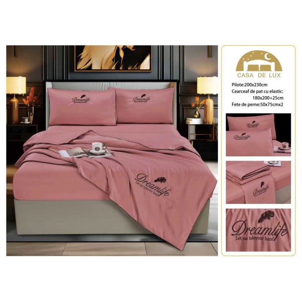 Set Lenjerie de Pat Dublu cu Pilotă de Vară și Cearșaf cu Elastic, Satin Premium, 4 Piese, Roz Prafuit, LPV-012 Set Lenjerie de Pat Dublu cu Pilotă de Vară și Cearșaf cu Elastic, Satin Premium, 4 Piese, Roz Prafuit, LPV-012