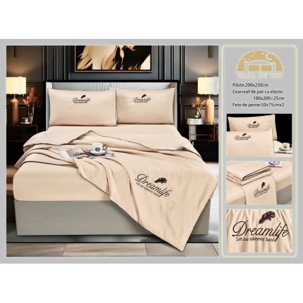 Set Lenjerie de Pat Dublu cu Pilotă de Vară și Cearșaf cu Elastic, Satin Premium, 4 Piese, Crem, LPV-014 Set Lenjerie de Pat Dublu cu Pilotă de Vară și Cearșaf cu Elastic, Satin Premium, 4 Piese, Crem, LPV-014