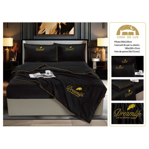 Set Lenjerie de Pat Dublu cu Pilotă de Vară și Cearșaf cu Elastic, Satin Premium, 4 Piese, Negru, LPV-015 Set Lenjerie de Pat Dublu cu Pilotă de Vară și Cearșaf cu Elastic, Satin Premium, 4 Piese, Negru, LPV-015
