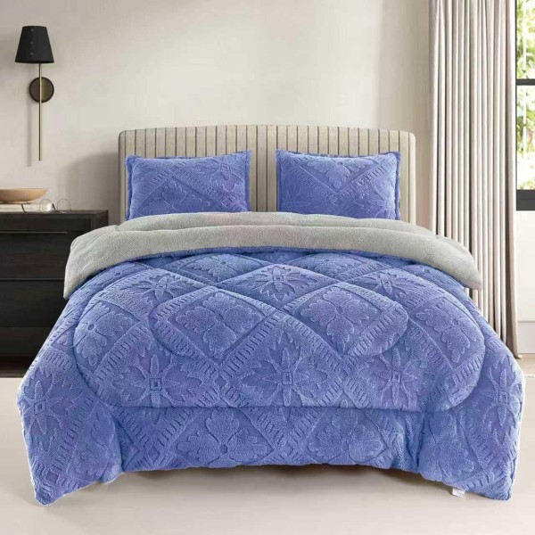 Pilota Cocolino cu Blăniță 200x230 cm+ 2 Fețe de Pernă, Model Geometric Embosat, Albastru, PDC-027