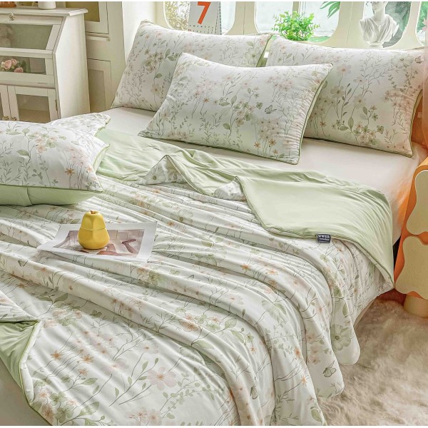 Pilotă de Vară Răcoritoare cu 2 Fețe de Pernă, Material Respirabil și Confortabil, Model Floral Verde, PMV-014