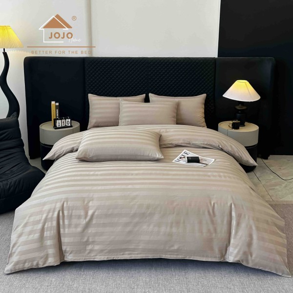 Lenjerie de Pat Damasc Premium, 6 Piese, 100% Bumbac, Cearșaf cu Elastic, Cappuccino, LDS-043
