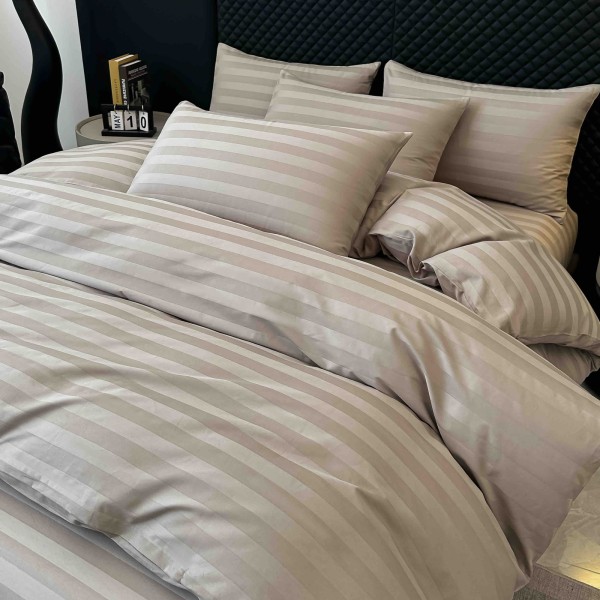 Lenjerie de Pat Damasc Premium, 6 Piese, 100% Bumbac, Cearșaf cu Elastic, Cappuccino, LDS-043