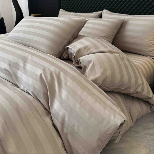 Lenjerie de Pat Damasc Premium, 6 Piese, 100% Bumbac, Cearșaf cu Elastic, Cappuccino, LDS-043