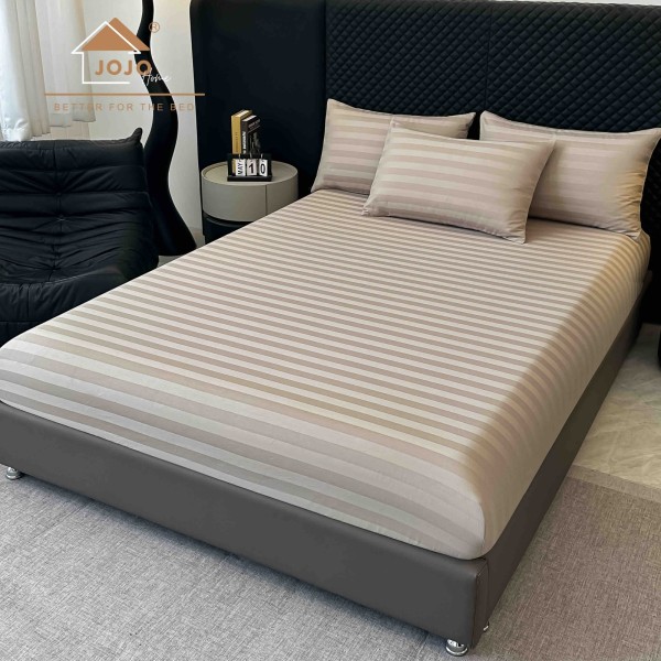 Lenjerie de Pat Damasc Premium, 6 Piese, 100% Bumbac, Cearșaf cu Elastic, Cappuccino, LDS-043