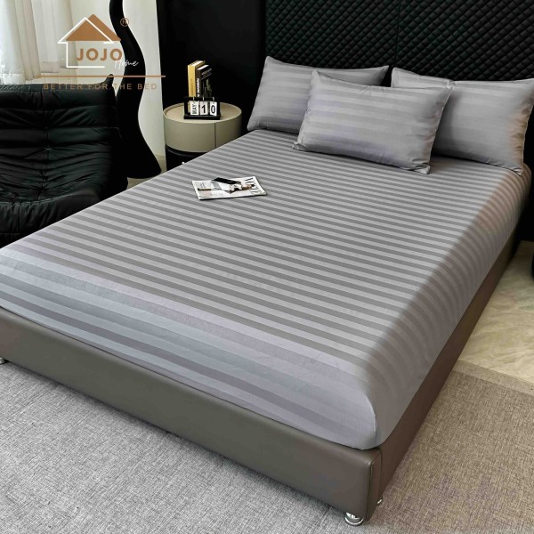 Lenjerie de Pat Damasc Premium, 6 Piese, 100% Bumbac, Cearșaf cu Elastic, Gri, LDS-044