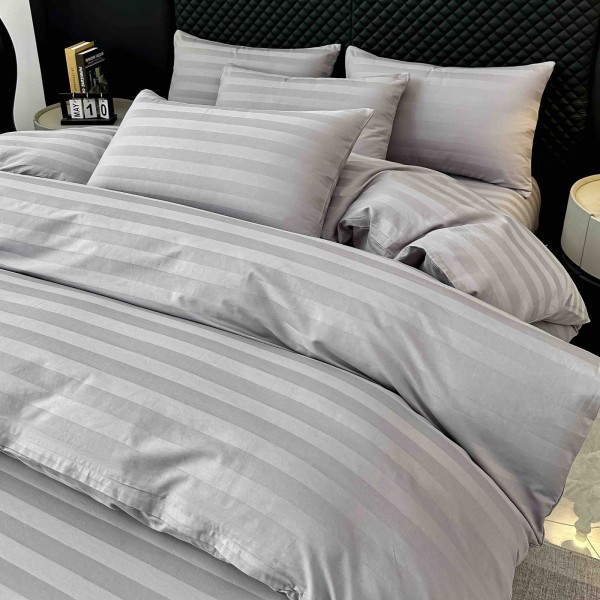 Lenjerie de Pat Damasc Premium, 6 Piese, 100% Bumbac, Cearșaf cu Elastic, Gri Deschis, LDS-055