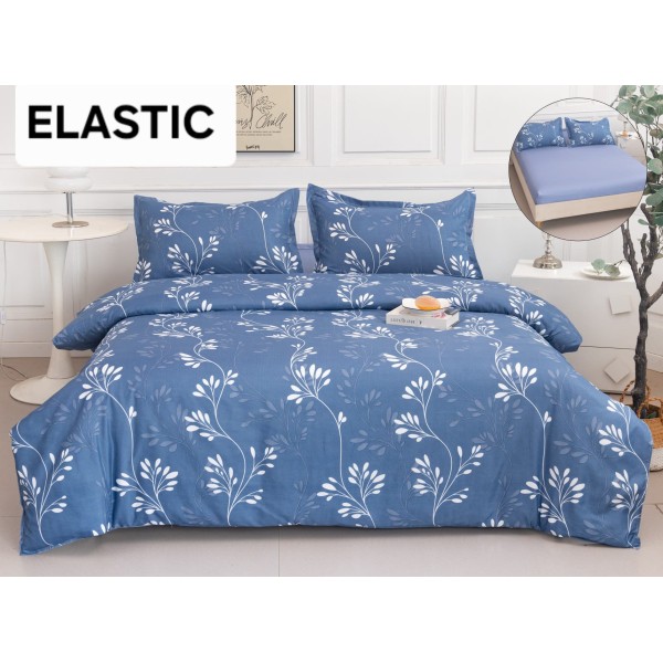 Set Lenjerie Pat Dublu Bumbac Satinat 4 Piese cu Cearșaf cu Elastic – Model Floral Albastru, LES-064