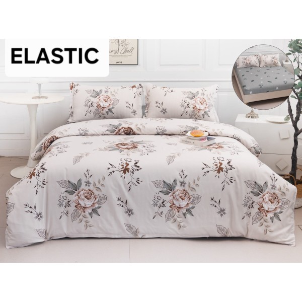 Set Lenjerie Pat Dublu Bumbac Satinat 4 Piese cu Cearșaf cu Elastic – Model Floral Bej Elegant, LES-067